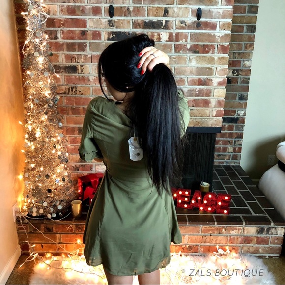 LAST 1 Olive Boho Peasant Button Down Skater Dress - Picture 8 of 8